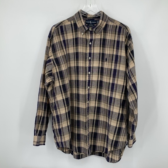Polo Ralph Lauren Blaire button down plaid shirt navy blue tan plaid men XL - Picture 1 of 5